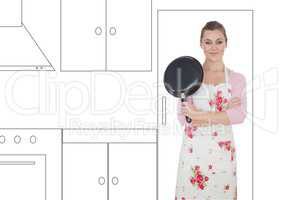 woman with frying pan and hands folded in illustrator of kitchen