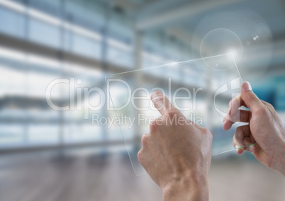 Hand touching glass tablet in sports hall gym