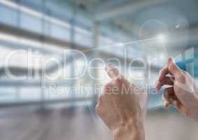 Hand touching glass tablet in sports hall gym