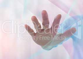 Hand reaching spread out with sparkling light bokeh background