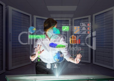 futuristic interface going out from the table in a futuristic room. Young woman