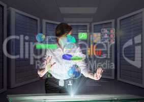 futuristic interface going out from the table in a futuristic room. Young woman