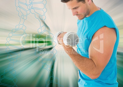 man lifting weigth with outline of dna chain and white and green background
