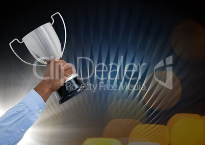 Business hand with trophy and blue and yellow background