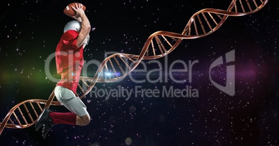 footballer jumping in the space with dna chain behind him and green and pink lights