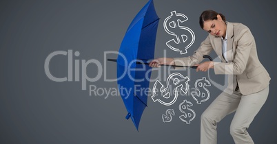Business woman with umbrella gathering money graphics against grey background