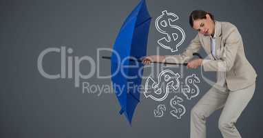 Business woman with umbrella gathering money graphics against grey background