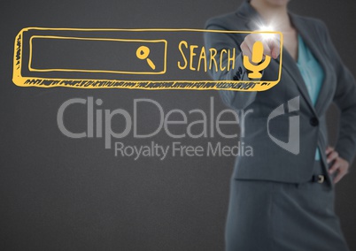 Business woman mid section pointing at yellow search bar with flare against grey background