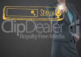 Business woman mid section pointing at yellow search bar with flare against grey background