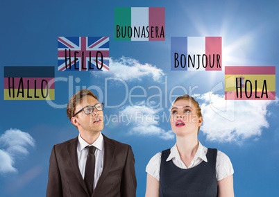 main language flags with waves around man and woman. Sky background