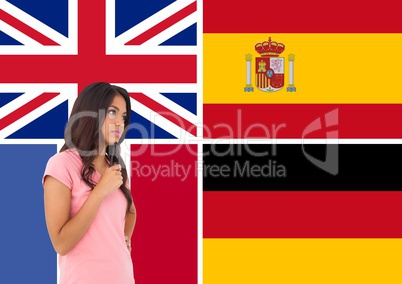 main language flags around young woman with glasses on the hand