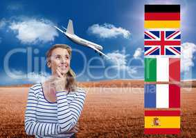 main language flags near young woman with plane behind in field