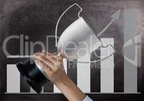 business hand with trophy, blackboard background with graphic