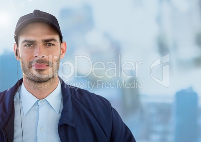 Security man outside bright blue background city