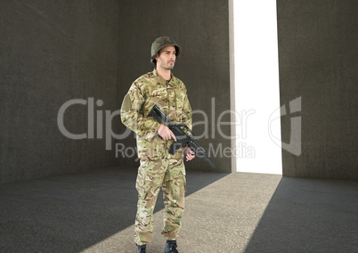 soldier with weapon in a concrete room with door
