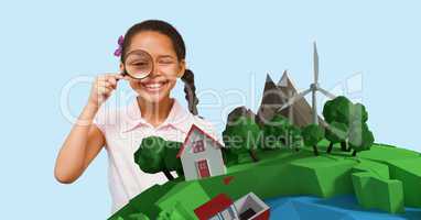 Child with magnifying glasses watching a 3D earth