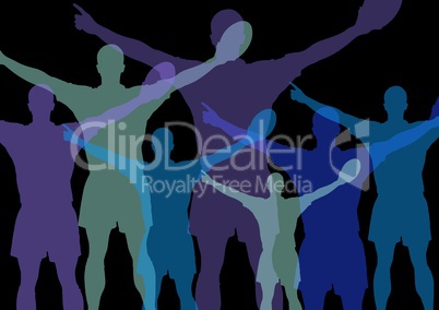 Rugby player celebrating silhouettes in range of blues and purples with opacity. Black background