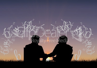 friends silhouettes in front of the sunset with text around them