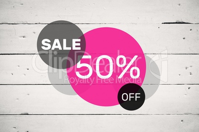 Circular sale graphic on white wood panel