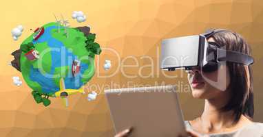 Beautiful woman holding digital tablet and looking at 3d image of earth by using VR glasses