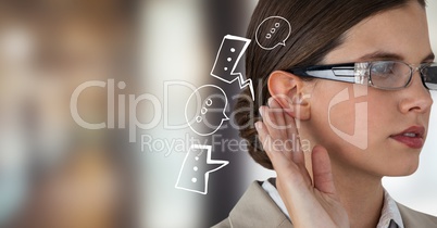 Digital composite image of businesswoman listening ideas against defocused background