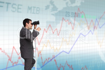 Businessman with binoculars on ladder against graphic background