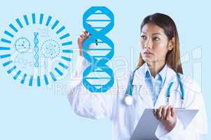 Woman doctor watching DNA graphics