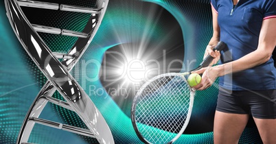 Tennis player with iron DNA chain against a black and blue lights background
