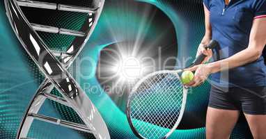 Tennis player with iron DNA chain against a black and blue lights background
