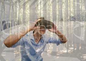 man with 3D glasses in a futuristic room looking the woods