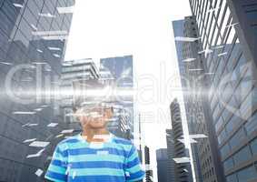 Boy in a futuristic room with an interface about city
