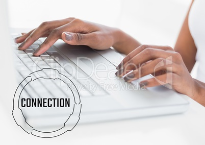 Black connection text and graphic against hands on laptop
