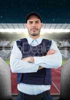 security guard of the football field, hand folded