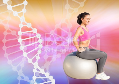 woman doing exercise with a ball and  dna chain and colors background