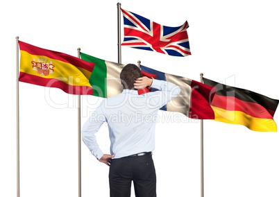main language flags behind businessman backwards