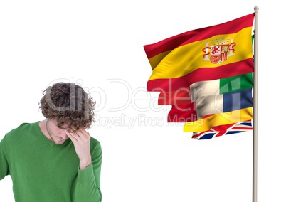 main language flags near young man
