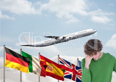 main language flags behind young man. Plane behind