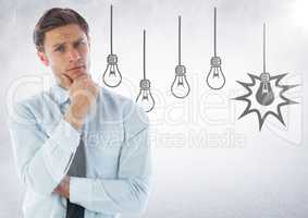 Business man thinking against lightbulb graphics and white background with flare