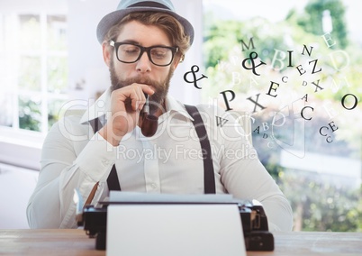 Hipster man  on typewriter with letters and bright windows