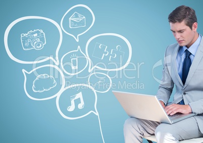 Business man with laptop against white business doodle and blue background