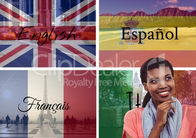 main language flags with opacity superimposed with image of the countries and with words around