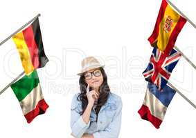 main language flags around young woman with hat