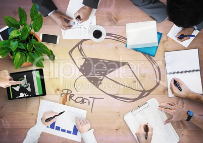 Overhead of business team with wood panel and piechart doodle