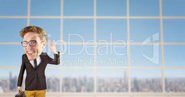 Digital composite image of businessman holding briefcase with arm raised while standing against wind
