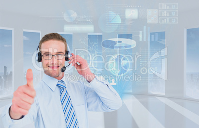 Businessman wearing Head set is showing thumbs up against office background