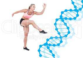 sporty woman with blue dna chain. White background