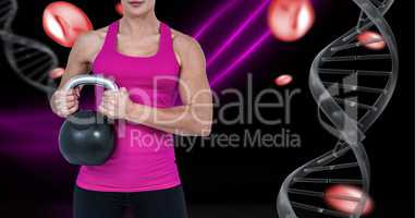 sporty woman with dna chain and pink lights and black background