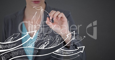 Business woman mid section with pen and white boat doodle against grey background