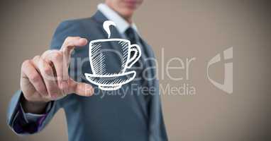 Business man mid section with white coffee doodle between fingers and against brown background