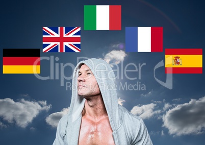 main language flags around man with jumper. Sky background